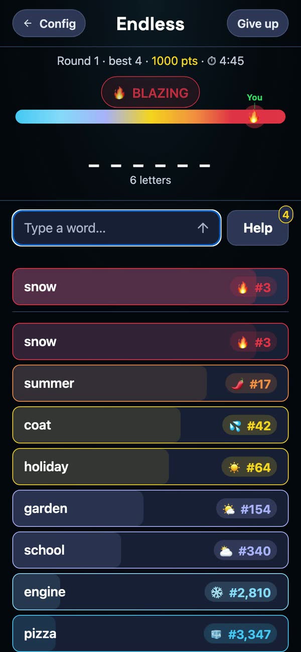 An endless Hot and Cold round: a countdown timer, a six letter mask, and a guess that has just landed on a blazing rank.
